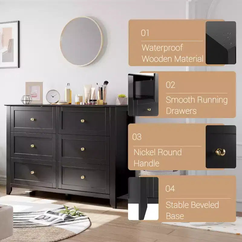 CuisinSmart Cassettiera in Legno per Camera da Letto, 6 Cassetti e Maniglie in Metallo, Organizer per Armadio, per Soggiorno, Corridoio, Moderna Minimalista