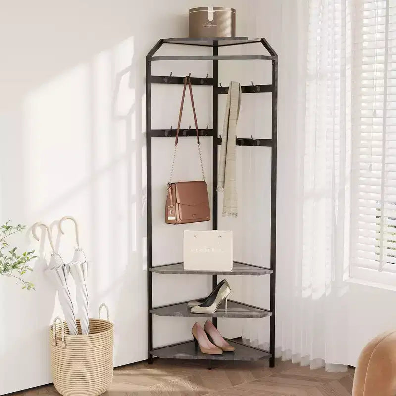 Mobile da Ingresso ad Angolo con Scarpiera, Appendiabiti da Ingresso con 12 Ganci Doppi, Organizzatore Portaoggetti Autoportante per Casa, Ufficio, Camera da Letto, Guardaroba