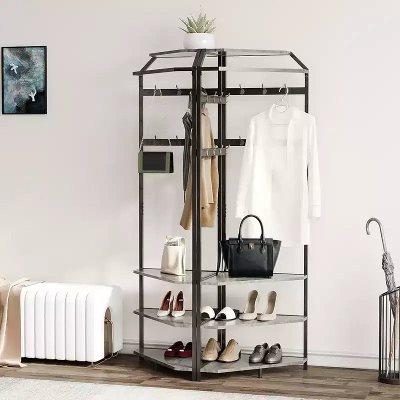 Mobile da Ingresso ad Angolo con Scarpiera, Appendiabiti da Ingresso con 12 Ganci Doppi, Organizzatore Portaoggetti Autoportante per Casa, Ufficio, Camera da Letto, Guardaroba