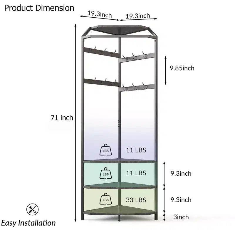Mobile da Ingresso ad Angolo con Scarpiera, Appendiabiti da Ingresso con 12 Ganci Doppi, Organizzatore Portaoggetti Autoportante per Casa, Ufficio, Camera da Letto, Guardaroba