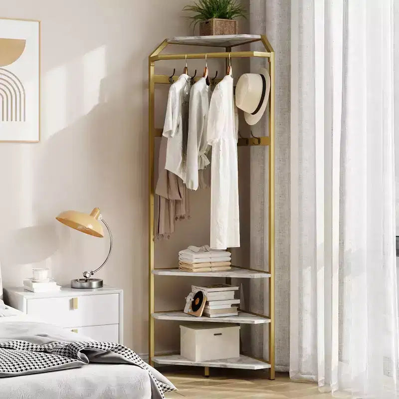 Mobile da Ingresso ad Angolo con Scarpiera, Appendiabiti da Ingresso con 12 Ganci Doppi, Organizzatore Portaoggetti Autoportante per Casa, Ufficio, Camera da Letto, Guardaroba