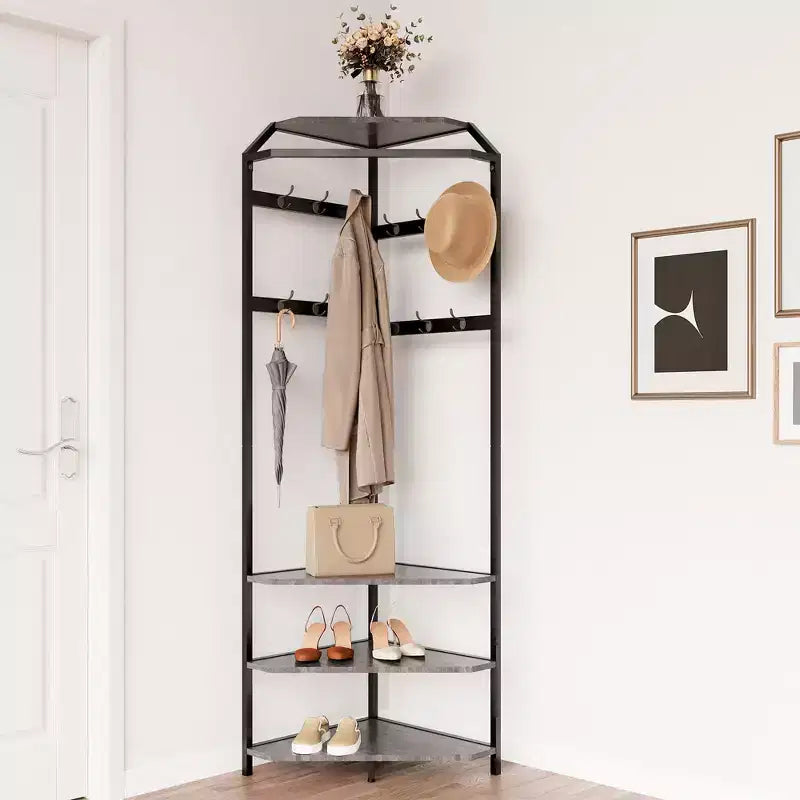 Mobile da Ingresso ad Angolo con Scarpiera, Appendiabiti da Ingresso con 12 Ganci Doppi, Organizzatore Portaoggetti Autoportante per Casa, Ufficio, Camera da Letto, Guardaroba