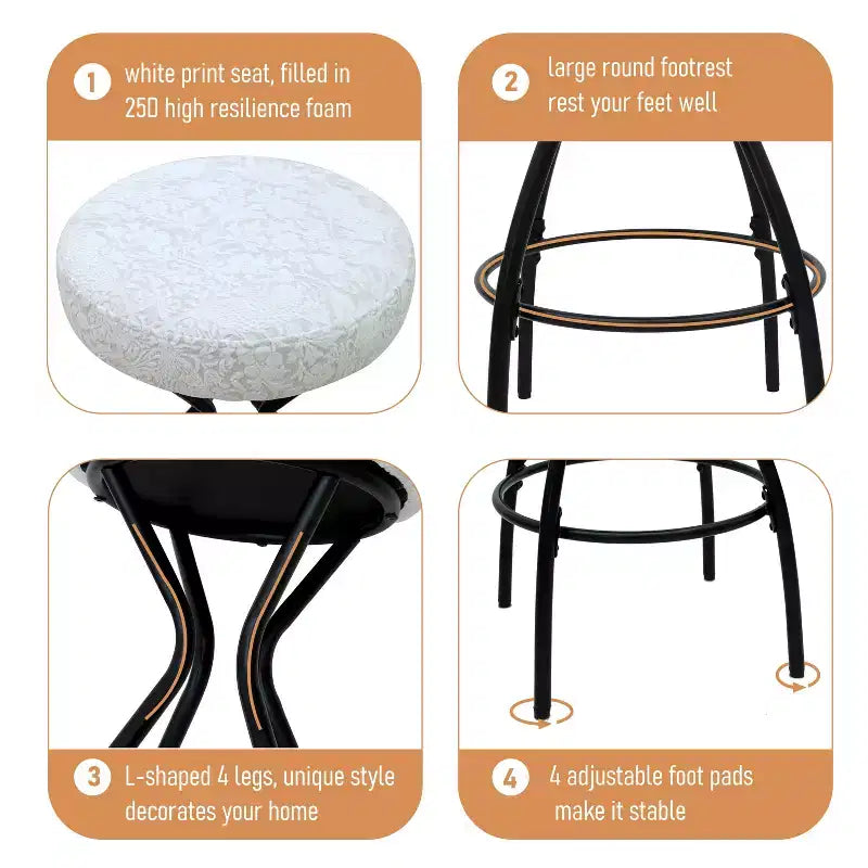 29" Floral Print Upholstered Round Bar Stools with Footrest – Set of 2, Black & White
