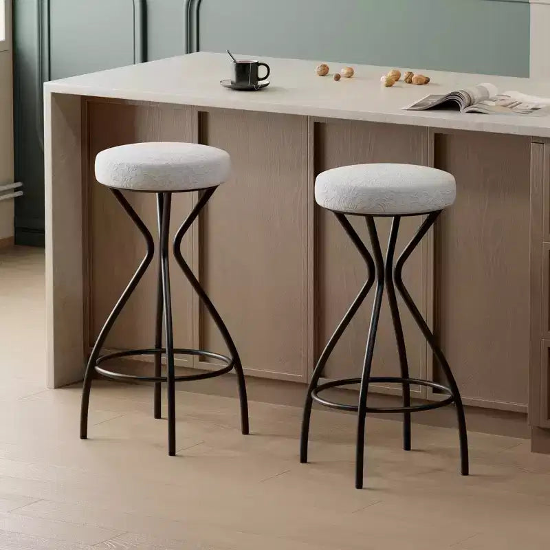 29" Floral Print Upholstered Round Bar Stools with Footrest – Set of 2, Black & White