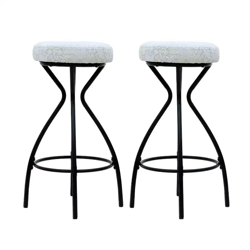 29" Floral Print Upholstered Round Bar Stools with Footrest – Set of 2, Black & White