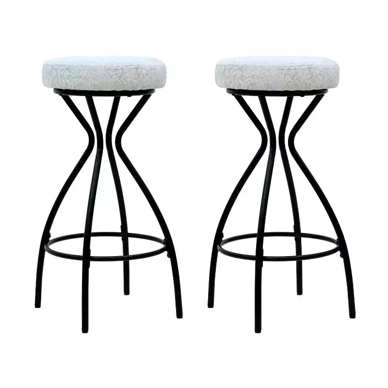 29" Floral Print Upholstered Round Bar Stools with Footrest – Set of 2, Black & White