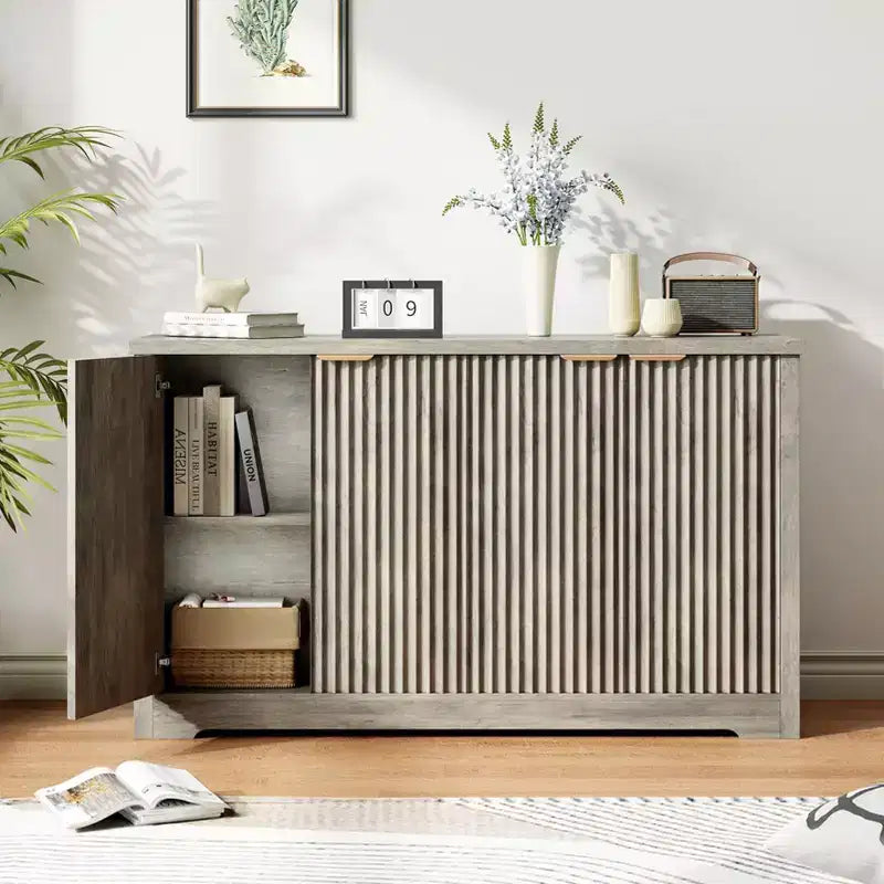 Madia da Buffet Scanalata con Contenitore, 2/4 Ante e Ripiano Regolabile, Tavolino/Consolle Moderno in Legno per Bar