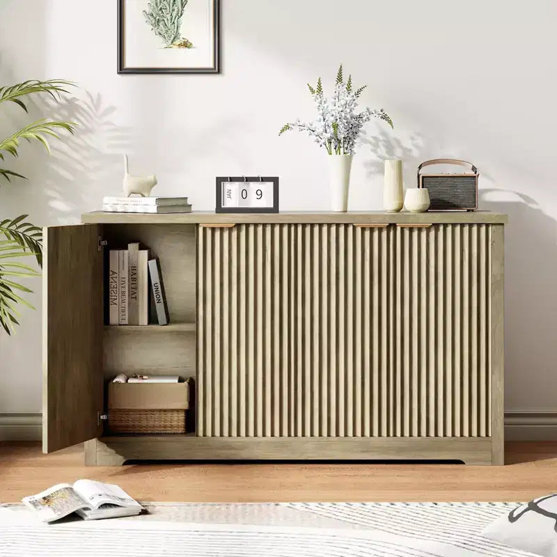 Madia da Buffet Scanalata con Contenitore, 2/4 Ante e Ripiano Regolabile, Tavolino/Consolle Moderno in Legno per Bar