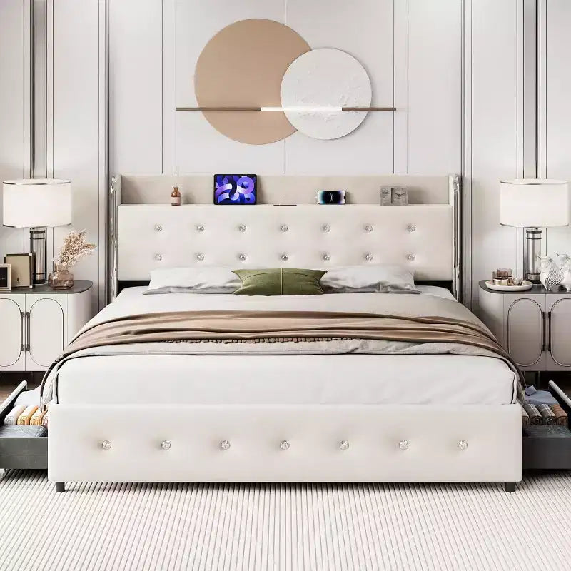 Queen Bed Frame with 4 Storage Drawers, Velvet Upholstered Platform Bed Frame, Wooden Slats Support, No Box Spring Needed, 1000lbs Support, Beige