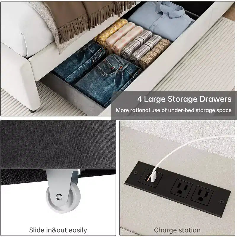 Queen Bed Frame with 4 Storage Drawers, Velvet Upholstered Platform Bed Frame, Wooden Slats Support, No Box Spring Needed, 1000lbs Support, Beige