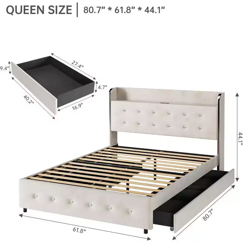 Queen Bed Frame with 4 Storage Drawers, Velvet Upholstered Platform Bed Frame, Wooden Slats Support, No Box Spring Needed, 1000lbs Support, Beige