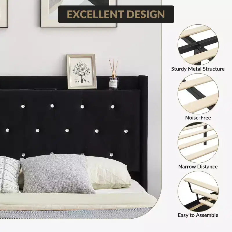 Struttura letto galleggiante, Struttura letto a piattaforma moderna, Supporto a doghe in legno, Testiera imbottita, Nessuna molla necessaria, Nero