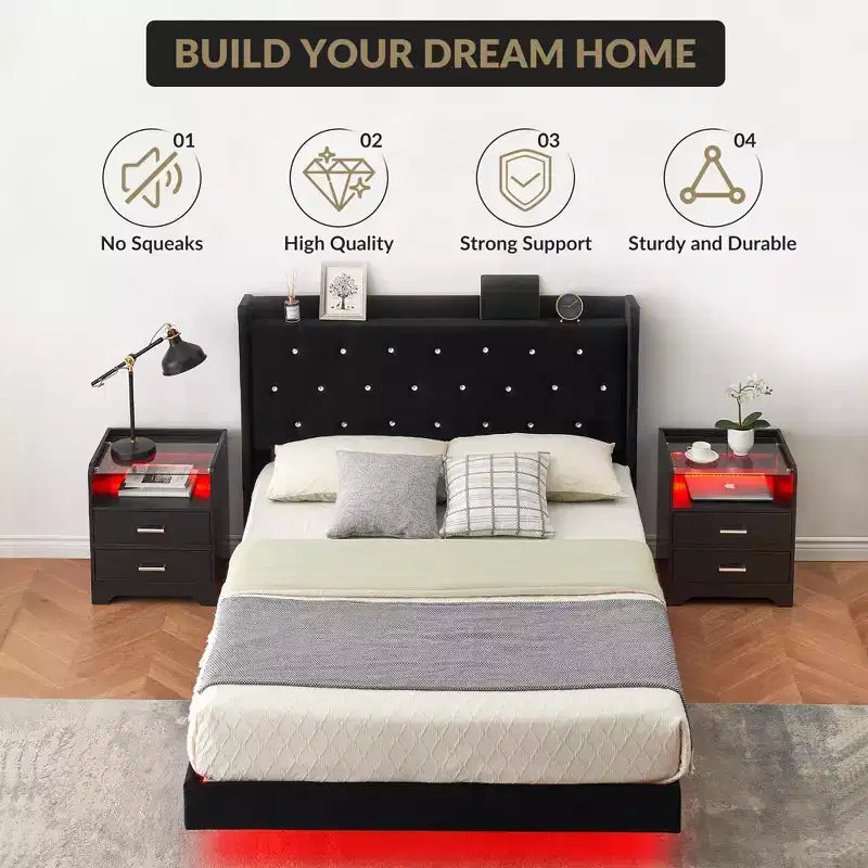 Struttura letto galleggiante, Struttura letto a piattaforma moderna, Supporto a doghe in legno, Testiera imbottita, Nessuna molla necessaria, Nero