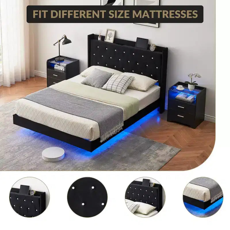 Struttura letto galleggiante, Struttura letto a piattaforma moderna, Supporto a doghe in legno, Testiera imbottita, Nessuna molla necessaria, Nero