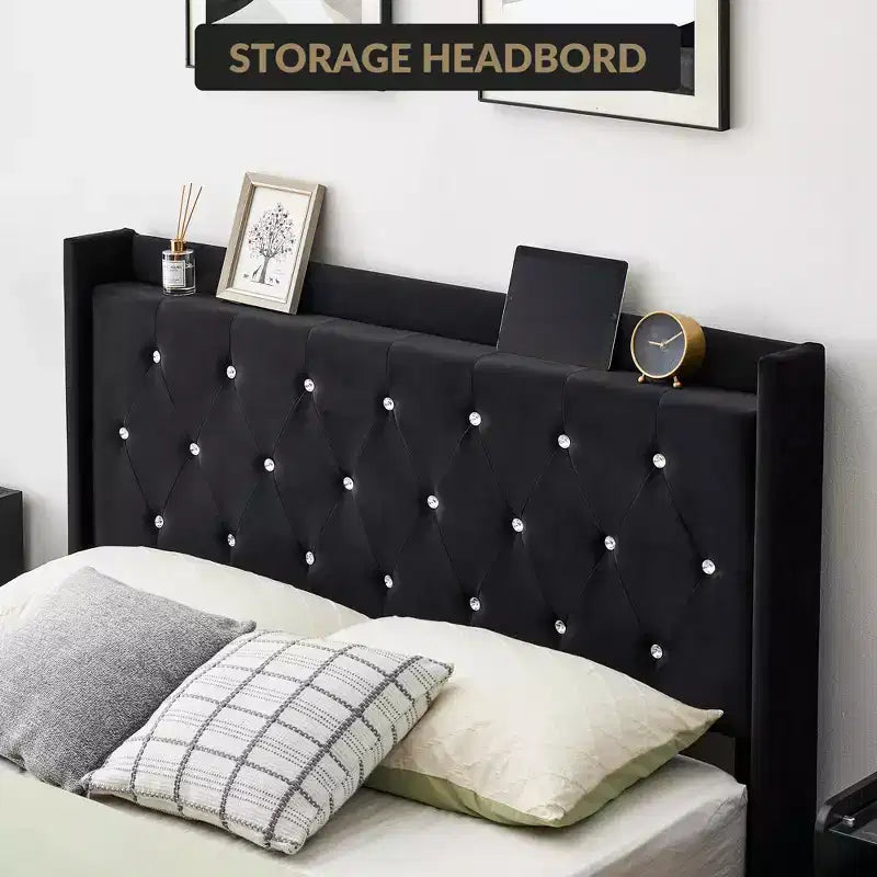 Struttura letto galleggiante, Struttura letto a piattaforma moderna, Supporto a doghe in legno, Testiera imbottita, Nessuna molla necessaria, Nero