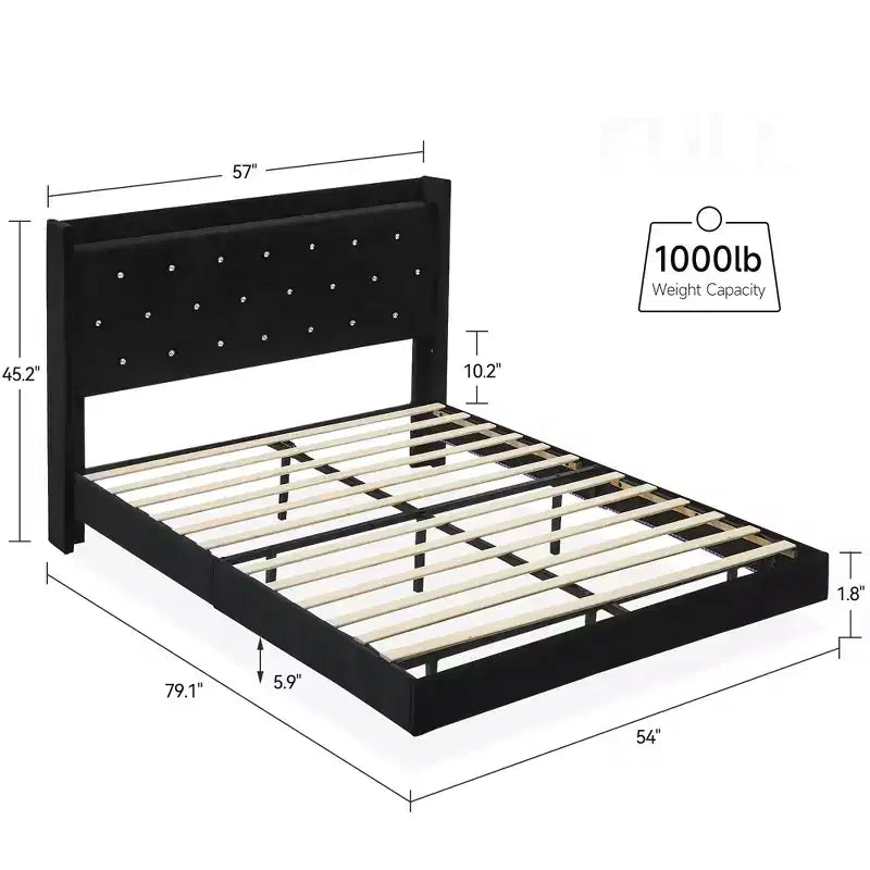 Struttura letto galleggiante, Struttura letto a piattaforma moderna, Supporto a doghe in legno, Testiera imbottita, Nessuna molla necessaria, Nero