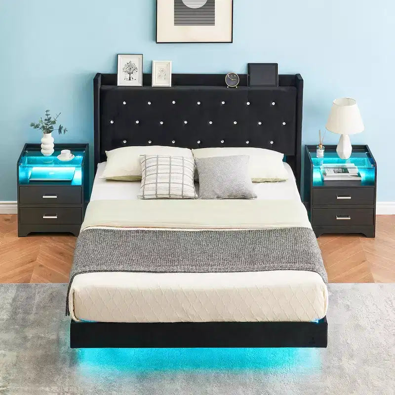 Struttura letto galleggiante, Struttura letto a piattaforma moderna, Supporto a doghe in legno, Testiera imbottita, Nessuna molla necessaria, Nero