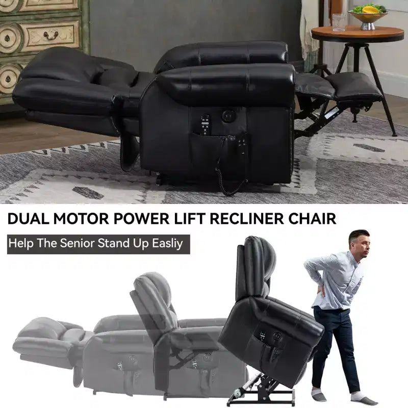 Poltrona reclinabile elettrica CLIHOME con funzione Power Lift, massaggio riscaldante, doppio motore, posizioni infinite, vera pelle, meccanismo di movimento per carichi pesanti con porte USB