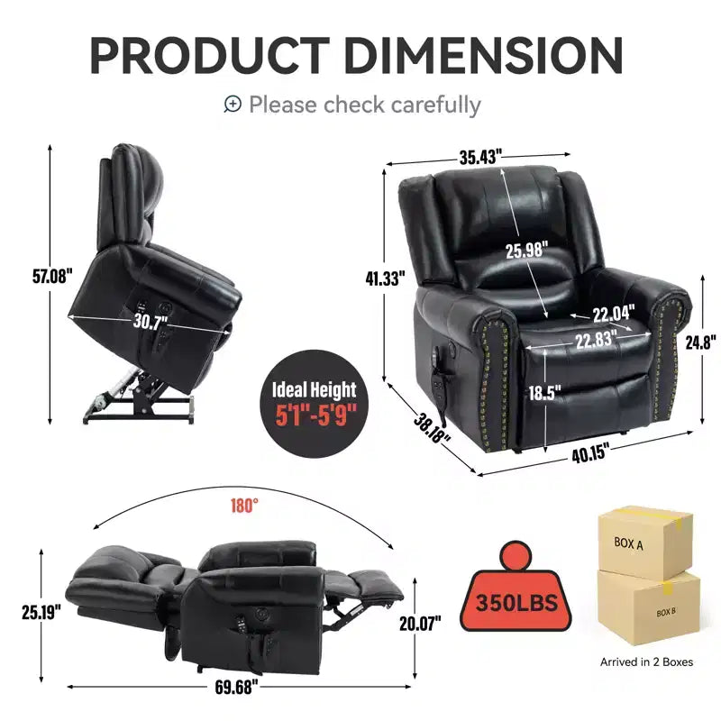 Poltrona reclinabile elettrica CLIHOME con funzione Power Lift, massaggio riscaldante, doppio motore, posizioni infinite, vera pelle, meccanismo di movimento per carichi pesanti con porte USB