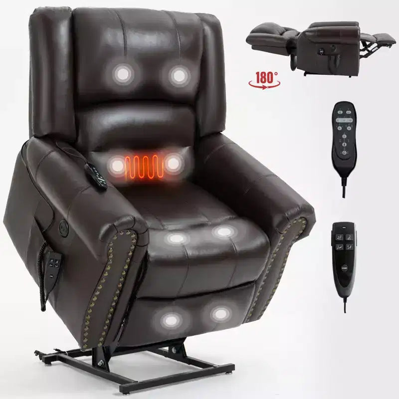 Poltrona reclinabile elettrica CLIHOME con funzione Power Lift, massaggio riscaldante, doppio motore, posizioni infinite, vera pelle, meccanismo di movimento per carichi pesanti con porte USB