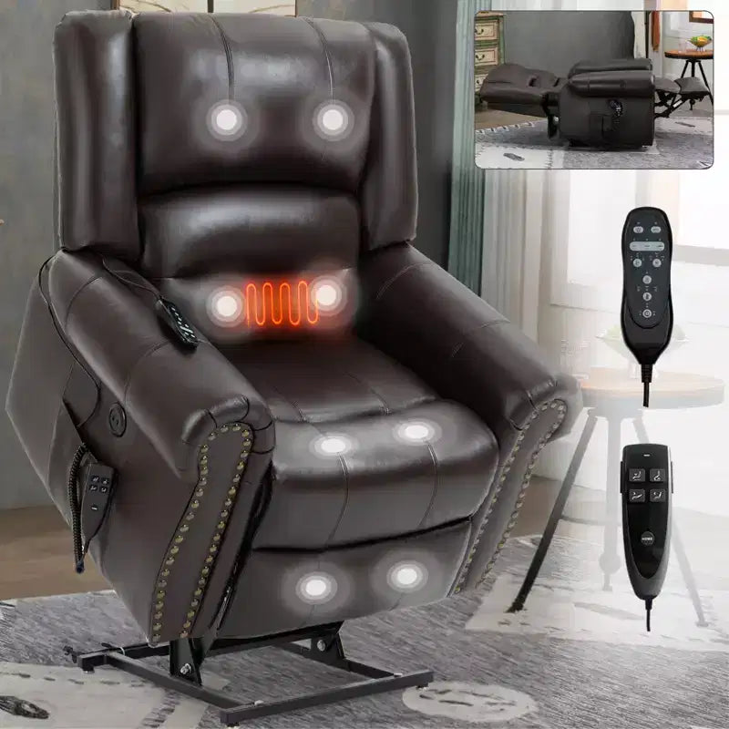 Poltrona reclinabile elettrica CLIHOME con funzione Power Lift, massaggio riscaldante, doppio motore, posizioni infinite, vera pelle, meccanismo di movimento per carichi pesanti con porte USB