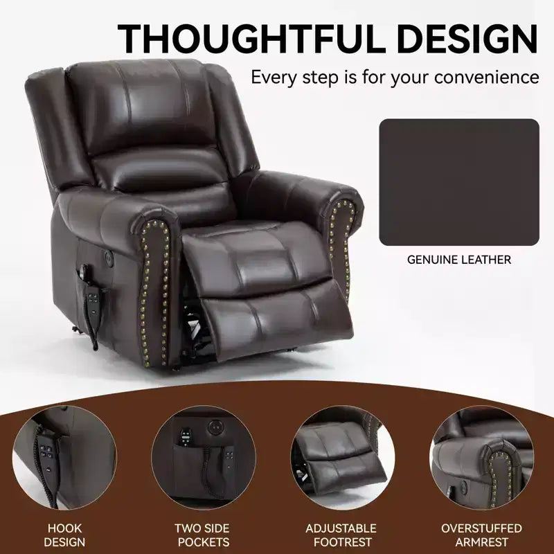 Poltrona reclinabile elettrica CLIHOME con funzione Power Lift, massaggio riscaldante, doppio motore, posizioni infinite, vera pelle, meccanismo di movimento per carichi pesanti con porte USB