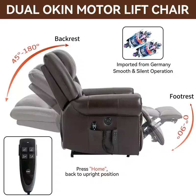 Poltrona reclinabile elettrica CLIHOME con funzione Power Lift, massaggio riscaldante, doppio motore, posizioni infinite, vera pelle, meccanismo di movimento per carichi pesanti con porte USB