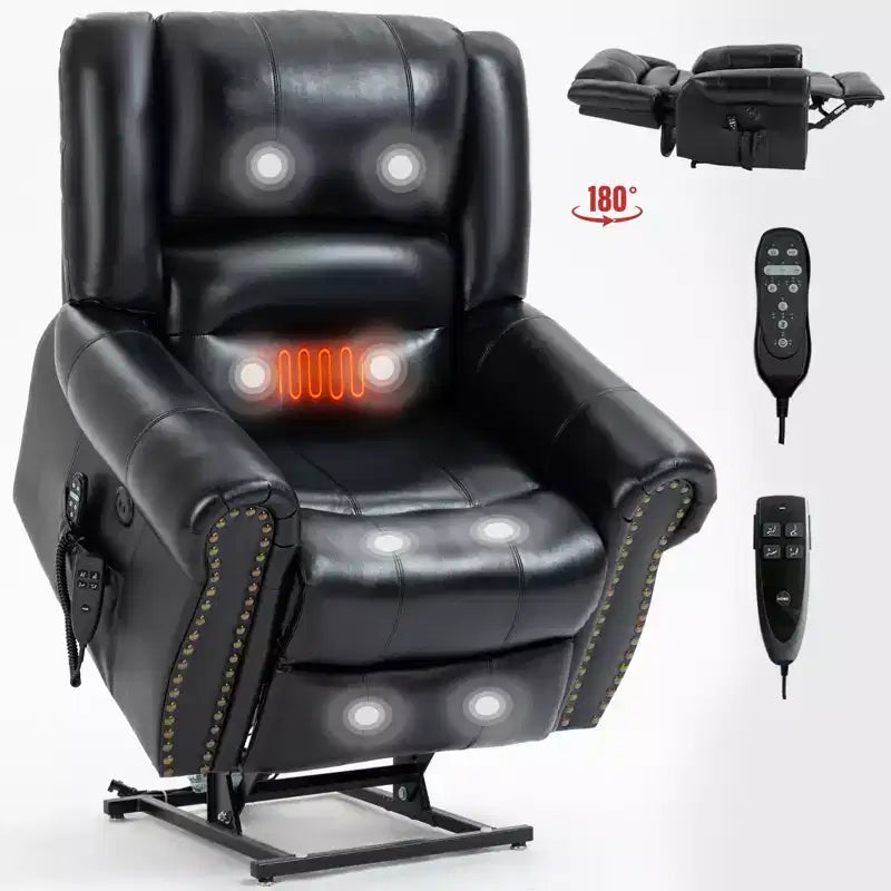 Poltrona reclinabile elettrica CLIHOME con funzione Power Lift, massaggio riscaldante, doppio motore, posizioni infinite, vera pelle, meccanismo di movimento per carichi pesanti con porte USB