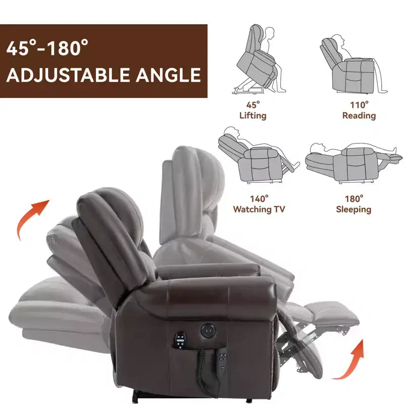 Poltrona reclinabile elettrica CLIHOME con funzione Power Lift, massaggio riscaldante, doppio motore, posizioni infinite, vera pelle, meccanismo di movimento per carichi pesanti con porte USB