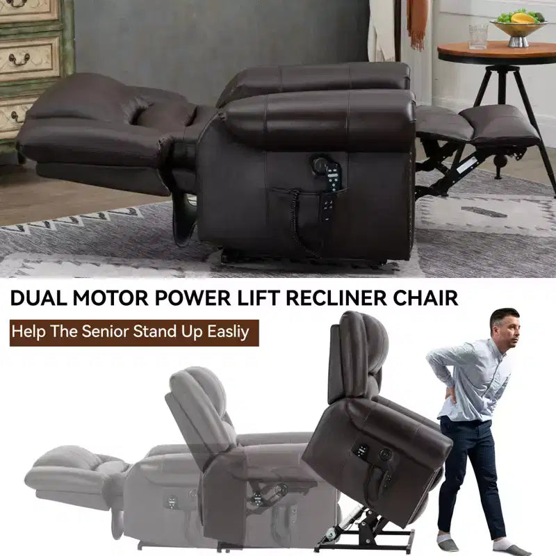 Poltrona reclinabile elettrica CLIHOME con funzione Power Lift, massaggio riscaldante, doppio motore, posizioni infinite, vera pelle, meccanismo di movimento per carichi pesanti con porte USB