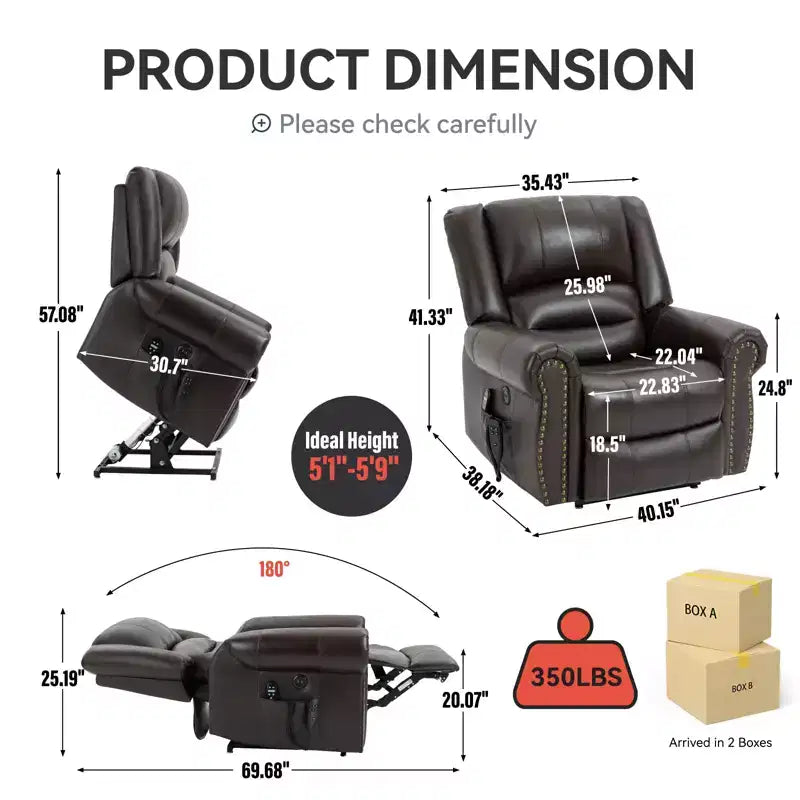 Poltrona reclinabile elettrica CLIHOME con funzione Power Lift, massaggio riscaldante, doppio motore, posizioni infinite, vera pelle, meccanismo di movimento per carichi pesanti con porte USB