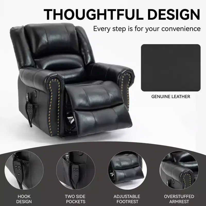 Poltrona reclinabile elettrica CLIHOME con funzione Power Lift, massaggio riscaldante, doppio motore, posizioni infinite, vera pelle, meccanismo di movimento per carichi pesanti con porte USB