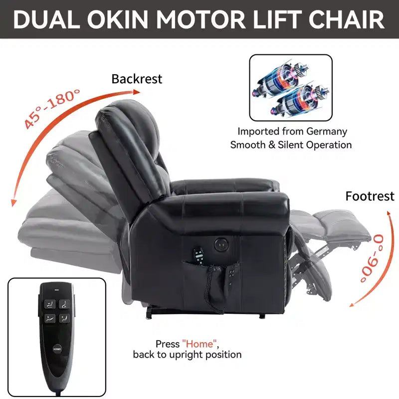 Poltrona reclinabile elettrica CLIHOME con funzione Power Lift, massaggio riscaldante, doppio motore, posizioni infinite, vera pelle, meccanismo di movimento per carichi pesanti con porte USB