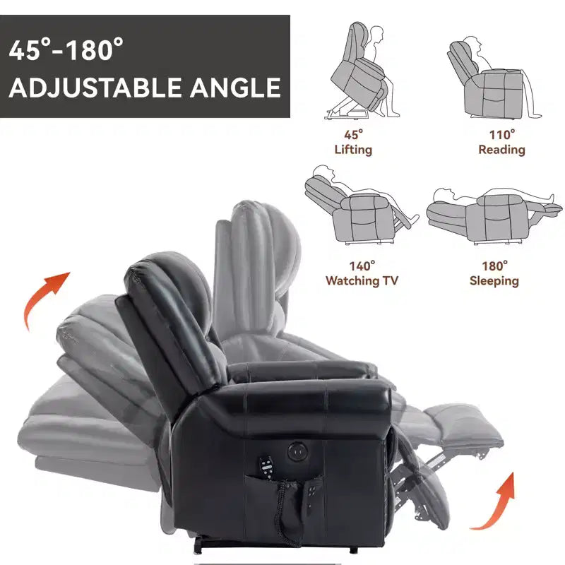 Poltrona reclinabile elettrica CLIHOME con funzione Power Lift, massaggio riscaldante, doppio motore, posizioni infinite, vera pelle, meccanismo di movimento per carichi pesanti con porte USB