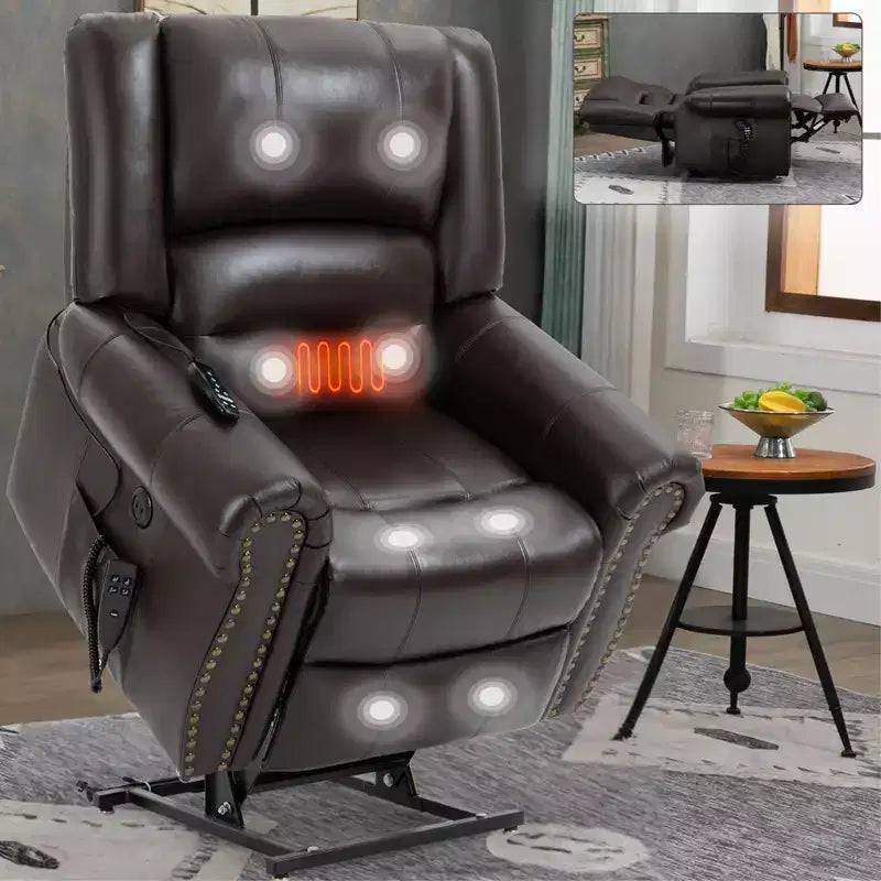 Poltrona reclinabile elettrica CLIHOME con funzione Power Lift, massaggio riscaldante, doppio motore, posizioni infinite, vera pelle, meccanismo di movimento per carichi pesanti con porte USB