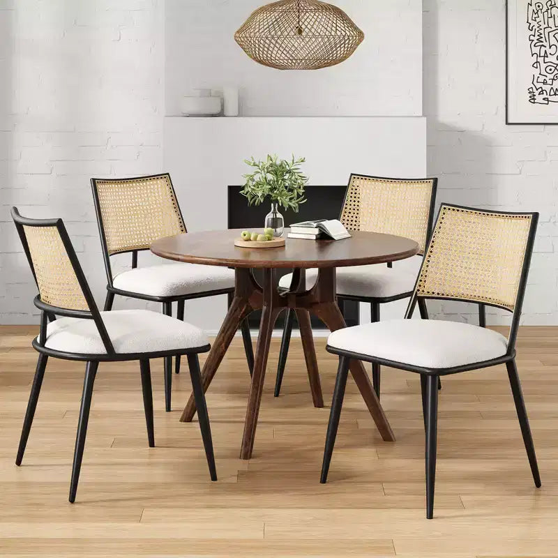 PexFix 2 Pezzi Sedie da Pranzo, Sedie da Cucina Moderne di Metà Secolo con Schienale in Rattan e Struttura in Metallo, Sedie Accent Imbottite in Bouclé Bianche