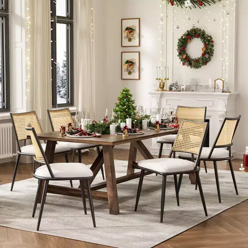PexFix 2 Pezzi Sedie da Pranzo, Sedie da Cucina Moderne di Metà Secolo con Schienale in Rattan e Struttura in Metallo, Sedie Accent Imbottite in Bouclé Bianche