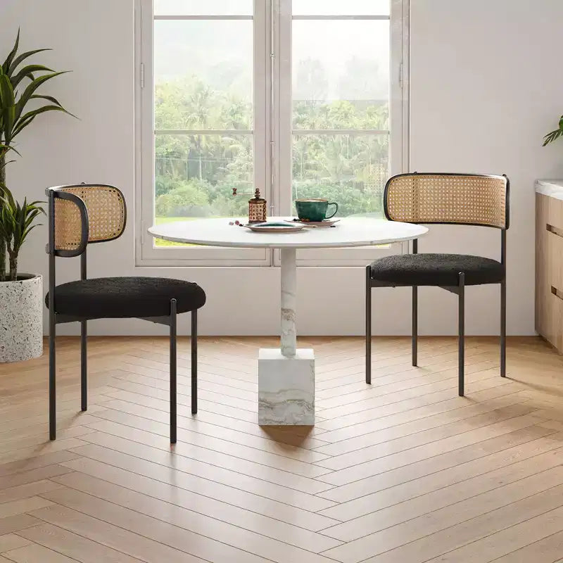 PexFix 2 Pezzi Sedie da Pranzo Moderne Imbottite, Sedie da Pranzo con Schienale in Rattan, Sedie da Cucina d'Accento con Gambe in Metallo, Nere