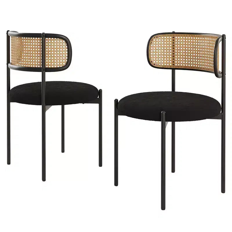 PexFix 2 Pezzi Sedie da Pranzo Moderne Imbottite, Sedie da Pranzo con Schienale in Rattan, Sedie da Cucina d'Accento con Gambe in Metallo, Nere