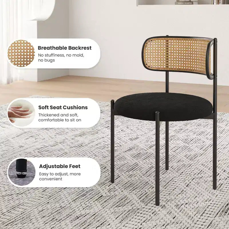 PexFix 2 Pezzi Sedie da Pranzo Moderne Imbottite, Sedie da Pranzo con Schienale in Rattan, Sedie da Cucina d'Accento con Gambe in Metallo, Nere