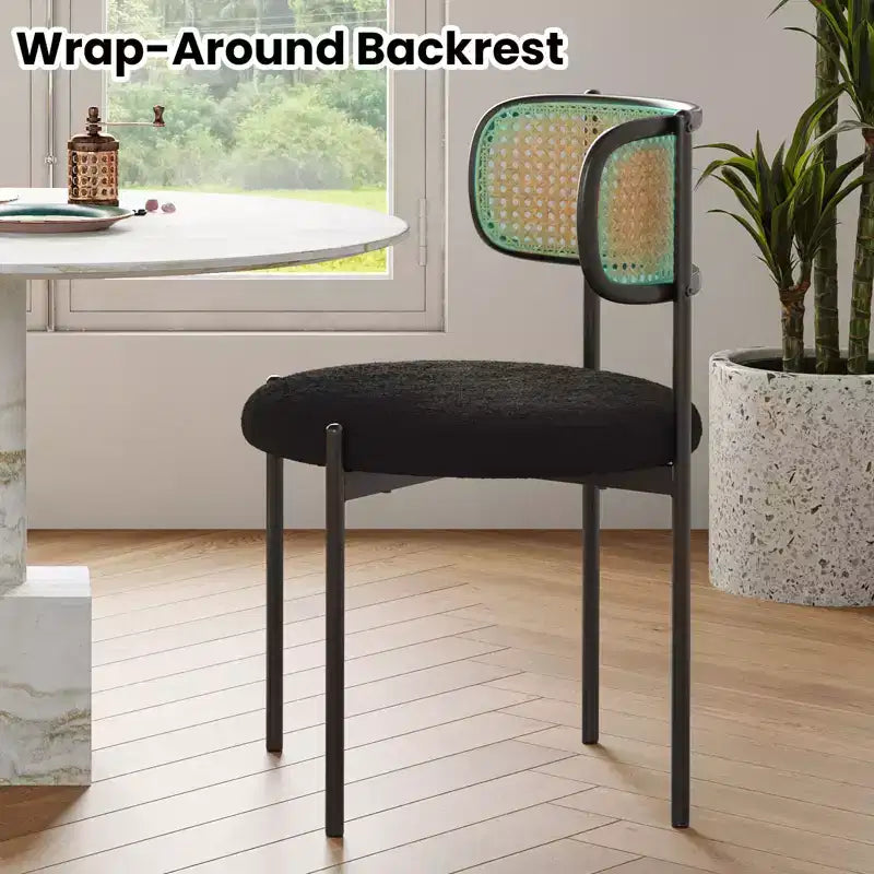 PexFix 2 Pezzi Sedie da Pranzo Moderne Imbottite, Sedie da Pranzo con Schienale in Rattan, Sedie da Cucina d'Accento con Gambe in Metallo, Nere