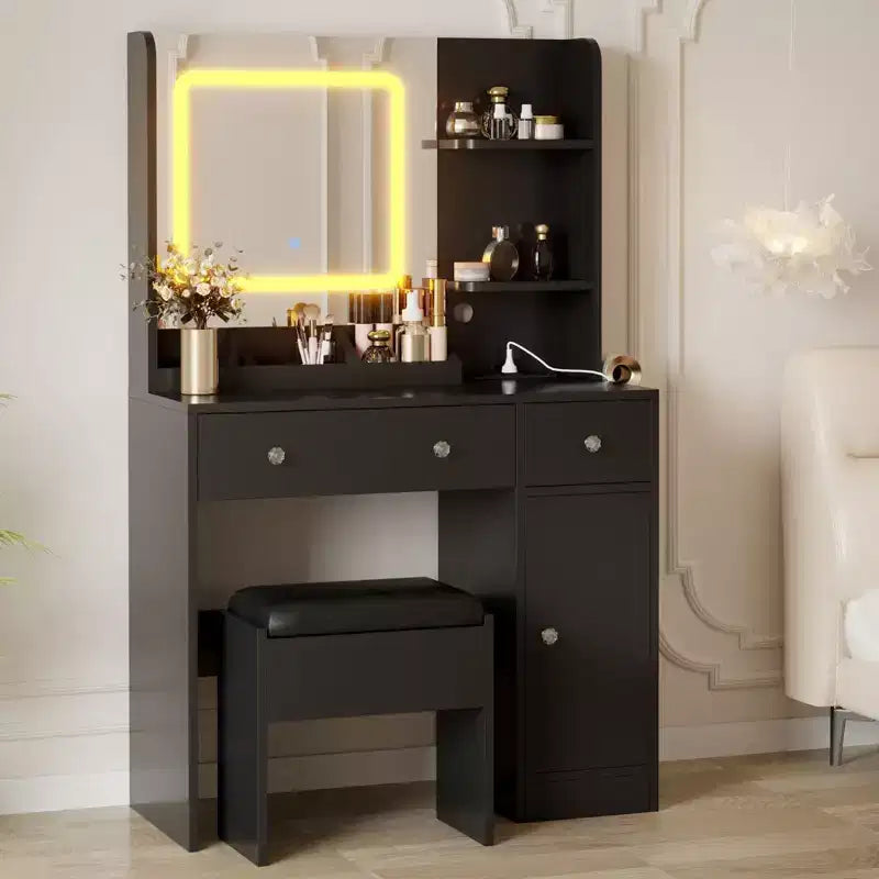 GustoWave Toeletta da Trucco con Specchio, Scrivania Trucco con Luci a 3 Colori, Tavolo da Trucco per Ragazze con Stazione di Ricarica, 3 Cassetti, 3 Ripiani Contenitori
