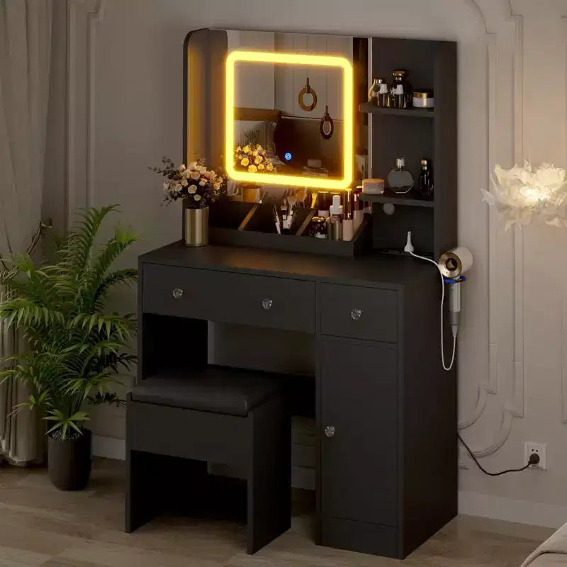 GustoWave Toeletta da Trucco con Specchio, Scrivania Trucco con Luci a 3 Colori, Tavolo da Trucco per Ragazze con Stazione di Ricarica, 3 Cassetti, 3 Ripiani Contenitori