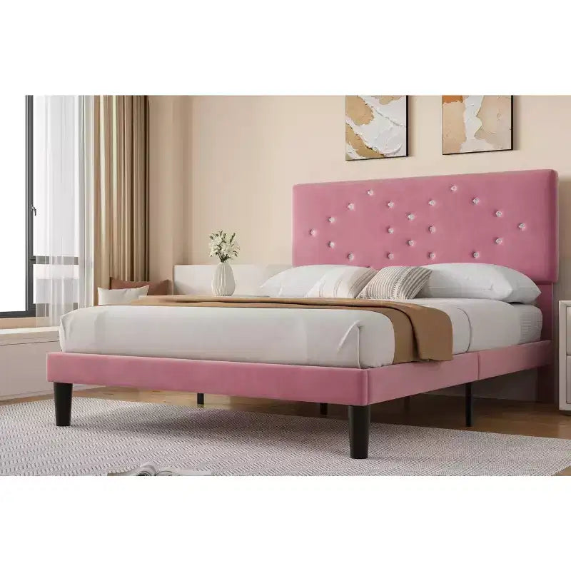 Velvet Upholstered Platform Bed Frame with Channel Tufted Headboard & Wood Slats