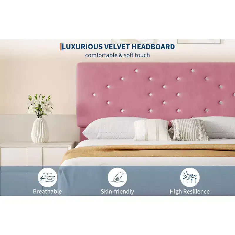 Velvet Upholstered Platform Bed Frame with Channel Tufted Headboard & Wood Slats