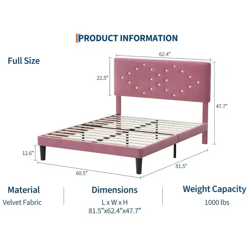 Velvet Upholstered Platform Bed Frame with Channel Tufted Headboard & Wood Slats