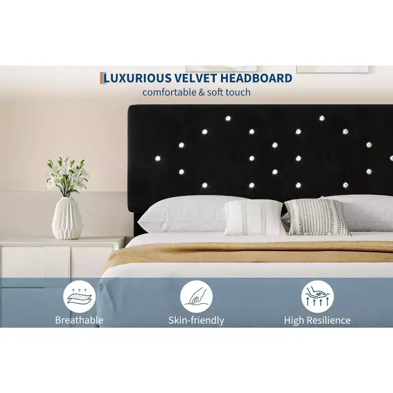 Velvet Upholstered Platform Bed Frame with Channel Tufted Headboard & Wood Slats