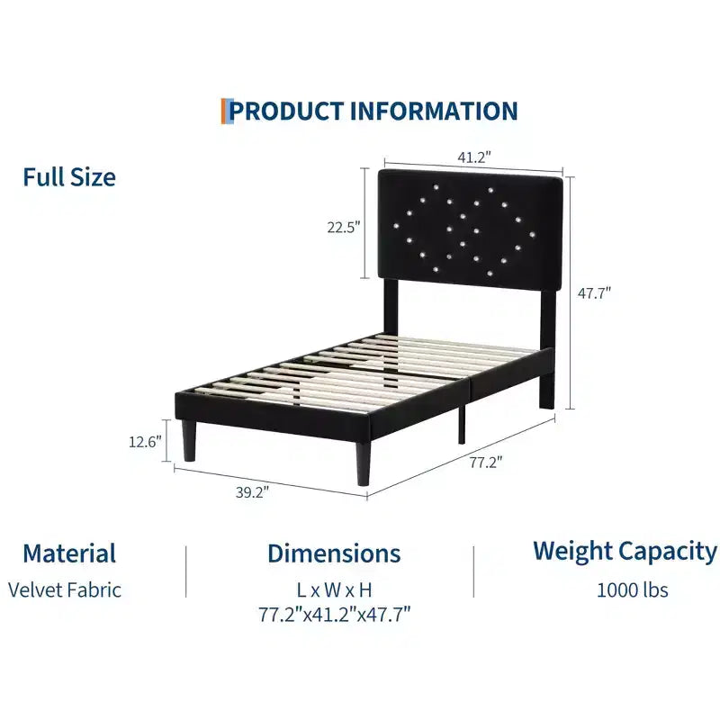 Velvet Upholstered Platform Bed Frame with Channel Tufted Headboard & Wood Slats