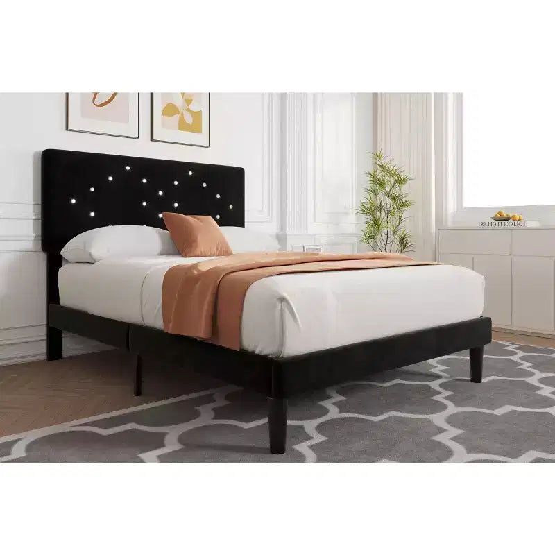 Velvet Upholstered Platform Bed Frame with Channel Tufted Headboard & Wood Slats