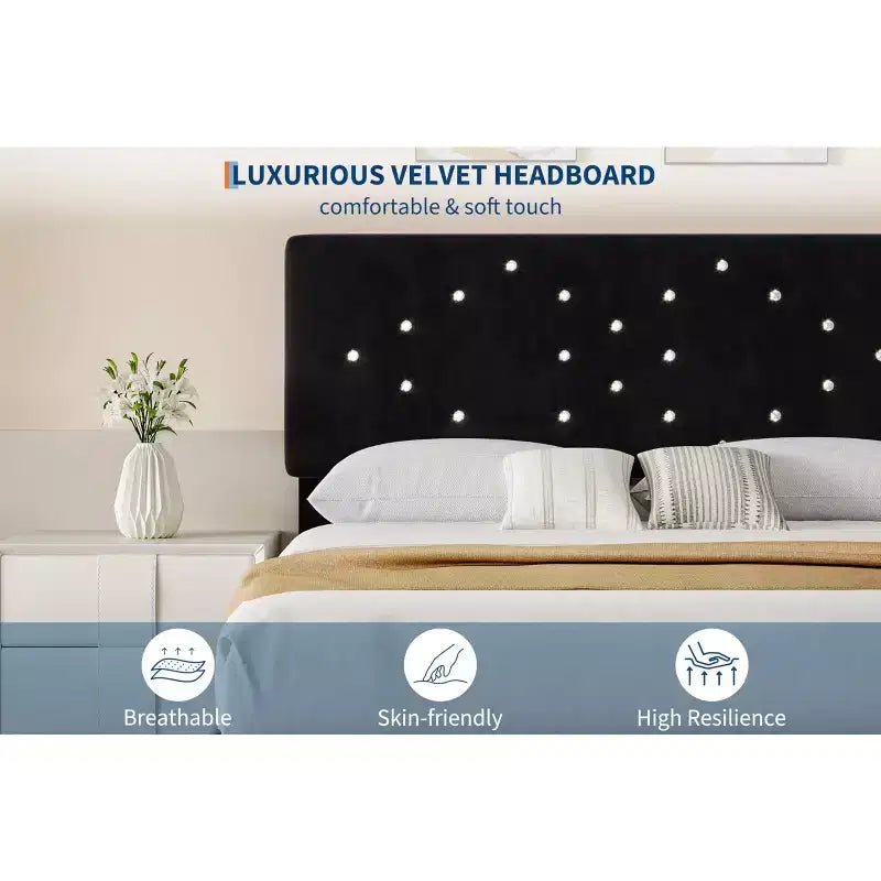 Velvet Upholstered Platform Bed Frame with Channel Tufted Headboard & Wood Slats